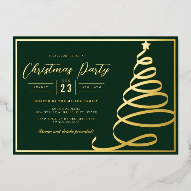 Invitation En Aluminium Arbre de Noël élégant vert or Fête de Noël (Recto)