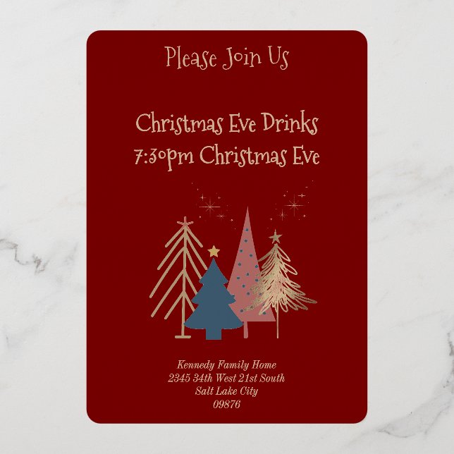 Invitation En Aluminium Arbres de Noël en or rouge profond 4 rose vert (Recto)