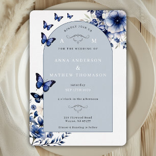 Invitation En Aluminium Arc de mariage papillon fleurs argent bleu royal