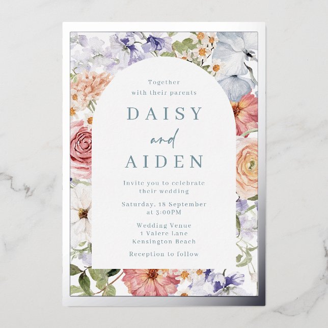 Invitation En Aluminium Arc floral Botanique Mariage Argent (Recto)