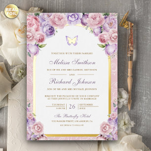 Invitation En Aluminium Arc Floral Papillon Mariage Rose Lavande Or