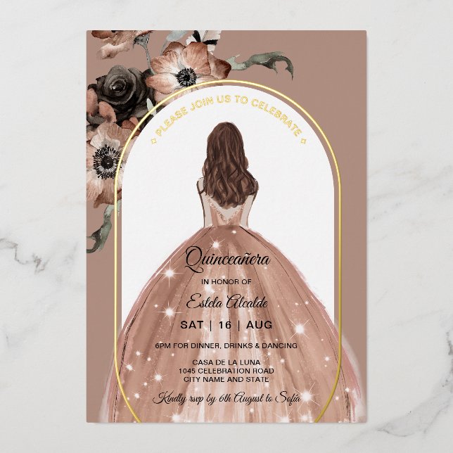 Invitation En Aluminium Arc Floral rose et or Quinceañera Real (Recto)
