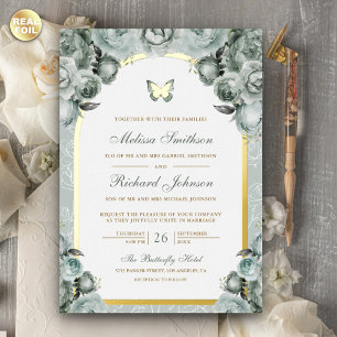 Invitation En Aluminium Arc Floral Vert Sauge Papillon Mariage Or