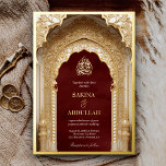 Invitation En Aluminium Arc Islamique Royal Maron Rouge Musulman Mariage O<br><div class="desc">Éblouissez vos invités avec cette élégante invitation de mariage islamique avec une belle arche avec des détails complexes et de vrais éléments en feuille d'or. Ajoutez simplement les détails de votre événement sur ce modèle facile à utiliser pour en faire une invitation unique.</div>