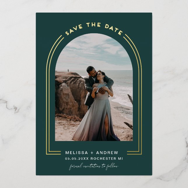 Invitation En Aluminium Arc Minimal Enregistrer La Date Emerald Green (Recto)