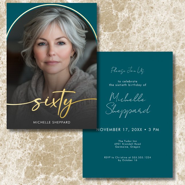 Invitation En Aluminium Arc Turquoise minimaliste moderne Soixantième anni (Modern Minimal Teal Arch Sixtieth Birthday Foil Invitation)