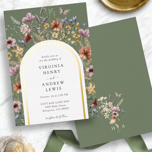 Invitation En Aluminium Arche Boho verte (Green Boho Arch Wedding Invitation Foil Invitation
)