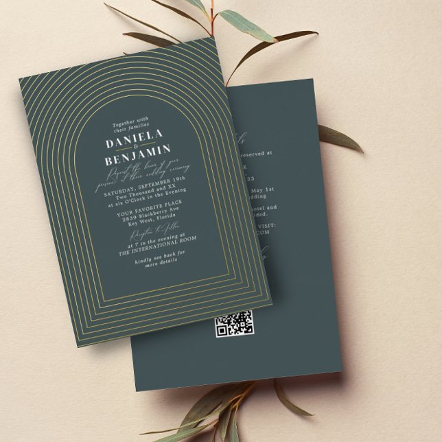 Invitation En Aluminium Arche de mariage vert foncé Boho & Code QR RSVP (Créateur téléchargé)