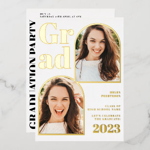 Invitation En Aluminium Arche en or blanc moderne 3 photos graduation
