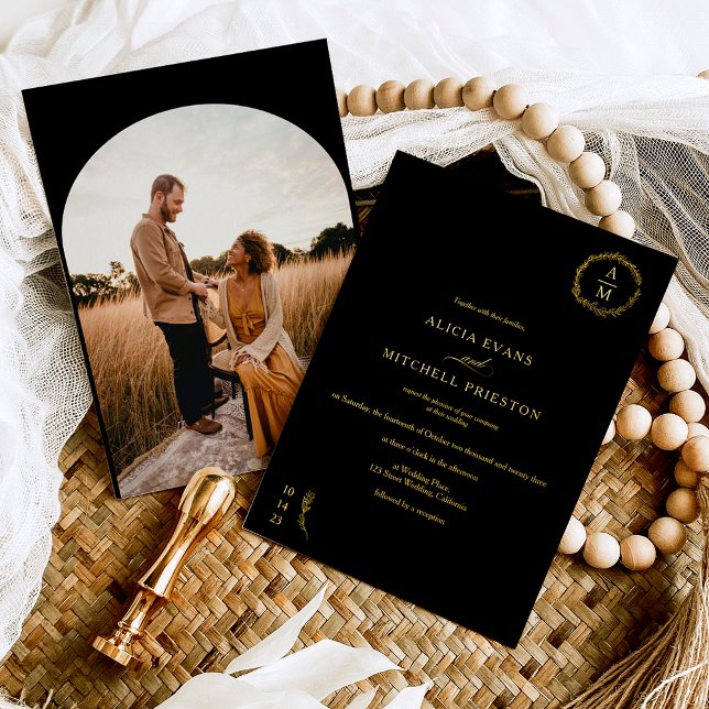 Invitation En Aluminium Arche mariage classique en monogramme noir floral (Créateur téléchargé)