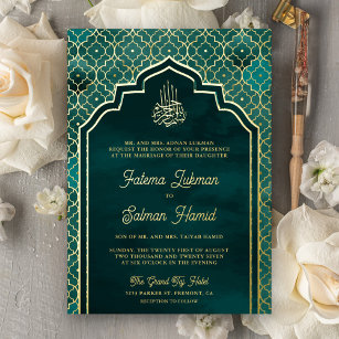Invitation En Aluminium Arche turquoise Marocaine Musulmane Mariage Or