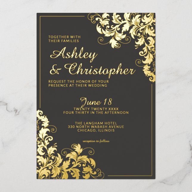 Invitation En Aluminium Ardoise botanique Gris Corner Mariage photo Or (Recto)
