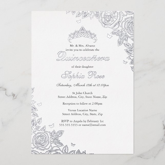 Invitation En Aluminium Argent Rose Floral Quinceanera Anniversaire (Recto)
