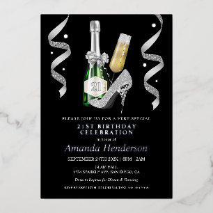 Invitation En Aluminium Argent talons et Champagne Anniversaire des femmes