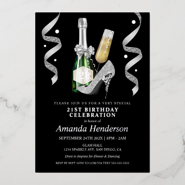 Invitation En Aluminium Argent talons et Champagne Anniversaire des femmes (Recto)