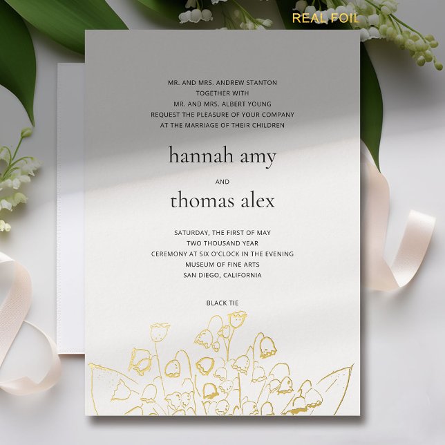 Invitation En Aluminium Art Croquis Lily Valley Moderne Formel Mariage Or (lily of the valley wedding invitation formal modern elegant gold foil floral sketch fine art romance)