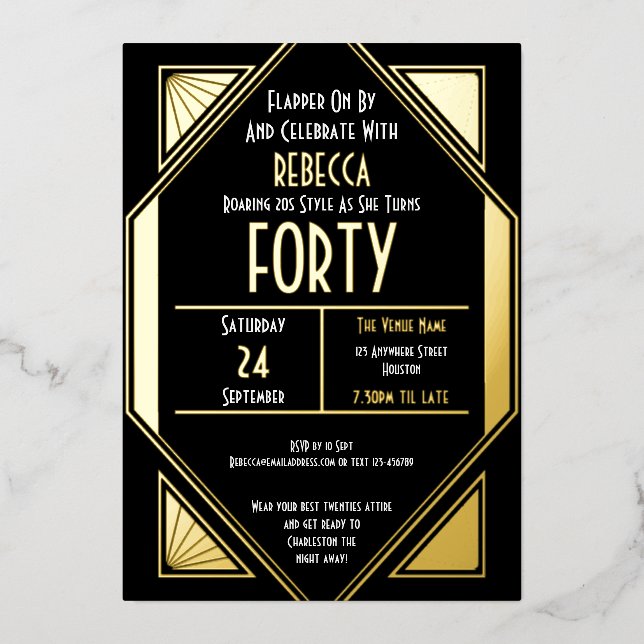 Invitation En Aluminium Art Déco 40e anniversaire Black Gold Real (Recto)