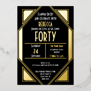 Invitation En Aluminium Art Déco 40e anniversaire noir or réel