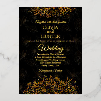 Invitation En Aluminium Art Déco Black Gold Foil Script Mariage classique