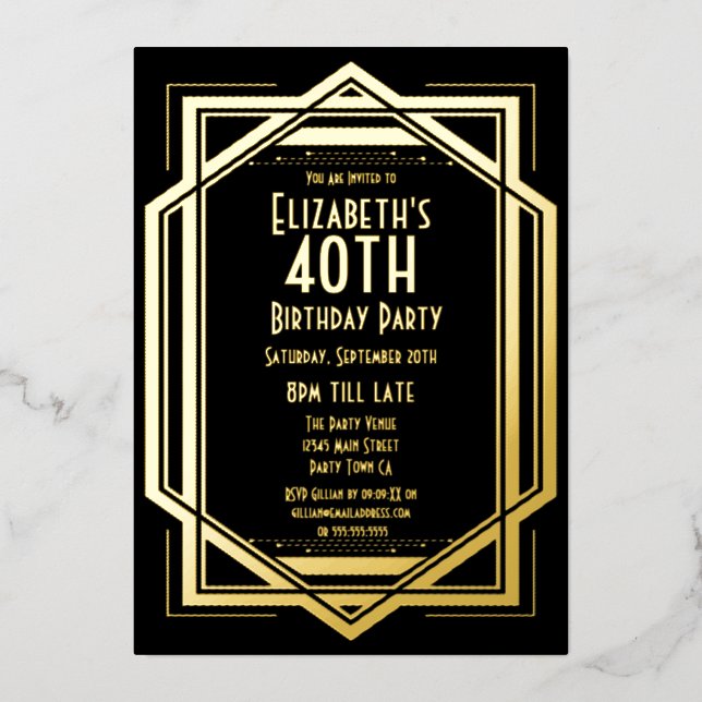 Invitation En Aluminium Art déco des années 20 | Gold 40th Birthday In (Recto)