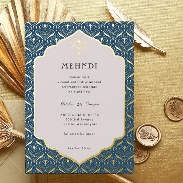 Invitation En Aluminium Art Déco Floral Lotus Mehndi Or (mehndi invitation, indian wedding invitation, mehendi invitation, hindu wedding invitation, art deco)