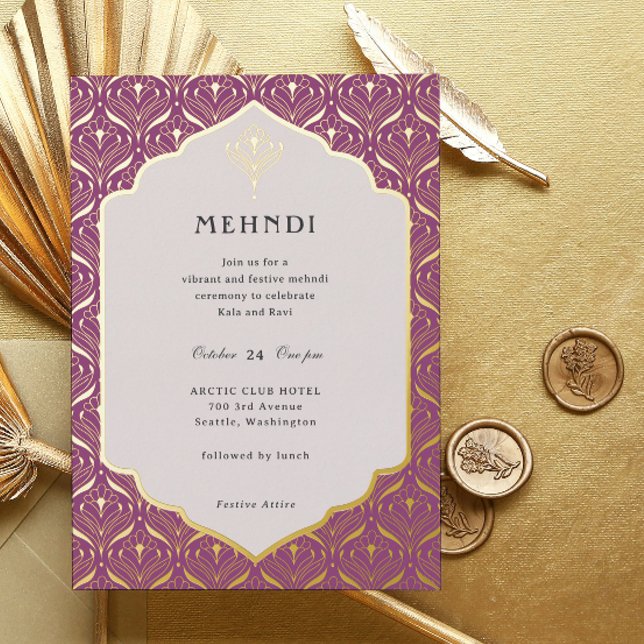 Invitation En Aluminium Art Déco Floral Lotus Mehndi Or (mehndi invitation, indian wedding invitation, mehendi invitation, hindu wedding invitation, art deco)