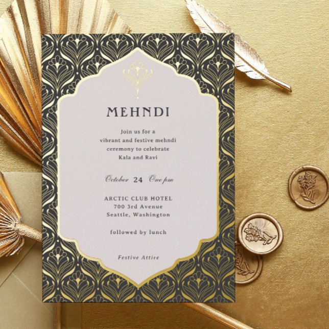 Invitation En Aluminium Art Déco Floral Lotus Mehndi Or (mehndi invitation, indian wedding invitation, mehendi invitation, hindu wedding invitation, art deco)