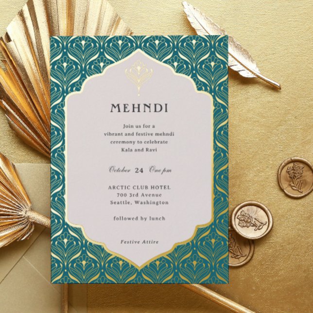 Invitation En Aluminium Art Déco Floral Lotus Mehndi Or (mehndi invitation, indian wedding invitation, mehendi invitation, hindu wedding invitation, art deco)