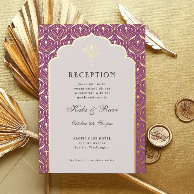 Invitation En Aluminium Art Déco Gold Floral Lotus Réception de mariage (art deco reception invitation, indian wedding invitation, hindu wedding invite, metallic gold foil)