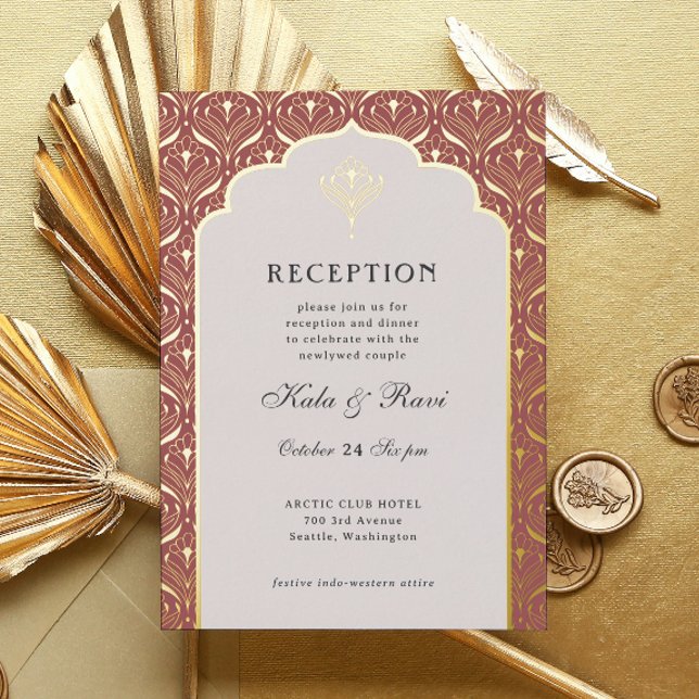 Invitation En Aluminium Art Déco Gold Floral Lotus Réception de mariage (art deco reception invitation, indian wedding invitation, hindu wedding invite, metallic gold foil)