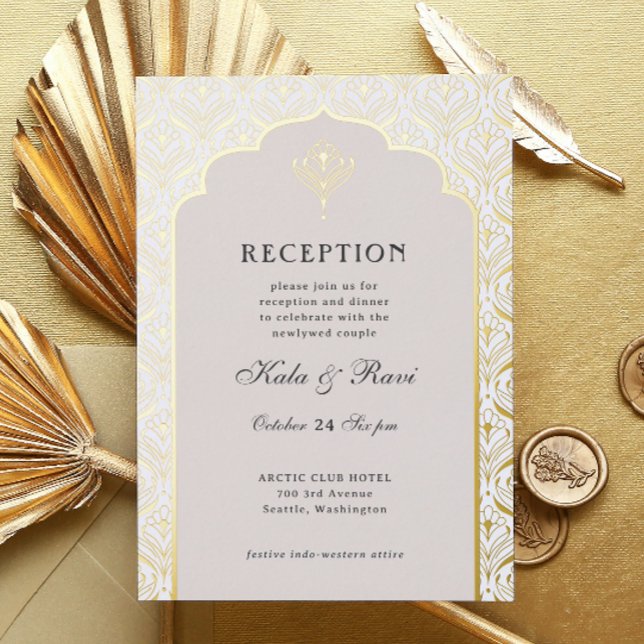 Invitation En Aluminium Art Déco Gold Floral Lotus Réception de mariage (art deco reception invitation, indian wedding invitation, hindu wedding invite, metallic gold foil)
