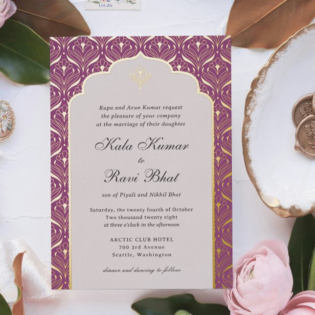 Invitation En Aluminium Art Déco Lotus Gold Floral Mariage (Indian wedding invitation, art deco wedding invitation, hindu wedding invitation, gold foil mundap)