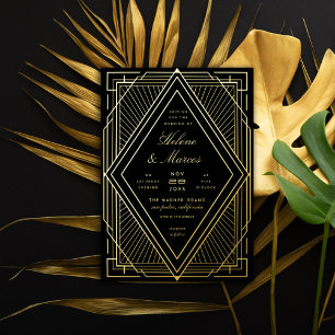 Invitation En Aluminium Art Déco Mariage Diamant Noir et Or