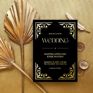Invitation En Aluminium Art Déco Moderne   Élégant Mariage Noir et Or