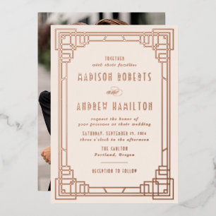 Invitation En Aluminium Art déco moderne Mariage ivoire et or Rose
