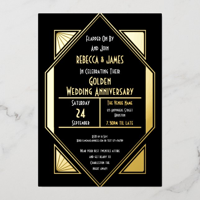 Invitation En Aluminium Art Déco Noces d'Or Noir et Or (Recto)