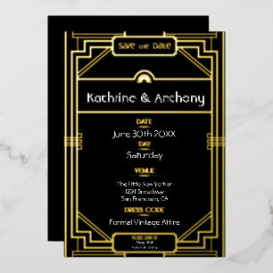 Invitation En Aluminium Art Déco noir et or Gatsby Save the Date