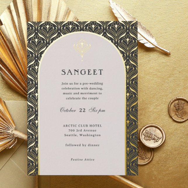 Invitation En Aluminium Art Déco or Floral Mariage indien Sangeet (sangeet invitation, indian wedding invitation, hindu wedding invitation, art deco gold foil invite)