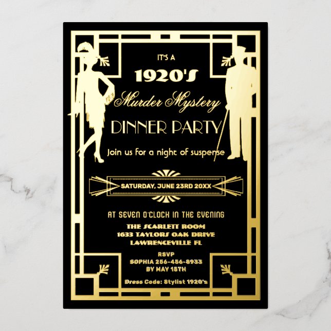 Invitation En Aluminium Art Déco Roaring 20s Meurtre Mystery Party Real (Recto)