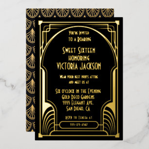 Invitation En Aluminium Art Déco Sweet sixteen Anniversaire Gold & Black
