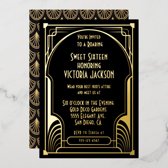 Invitation En Aluminium Art Déco Sweet sixteen Anniversaire Gold & Black (Recto/Verso)