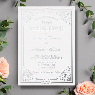 Invitation En Aluminium Art Déco Vintage Élégant Mariage Blanc et Argent
