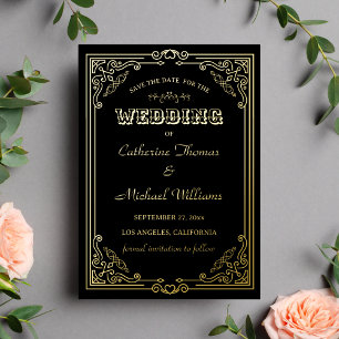 Invitation En Aluminium Art Déco Vintage Noir & Doré Enregistrez La Date