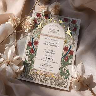 Invitation En Aluminium Art Nouveau de mariage rouge bordeaux sarcelle or
