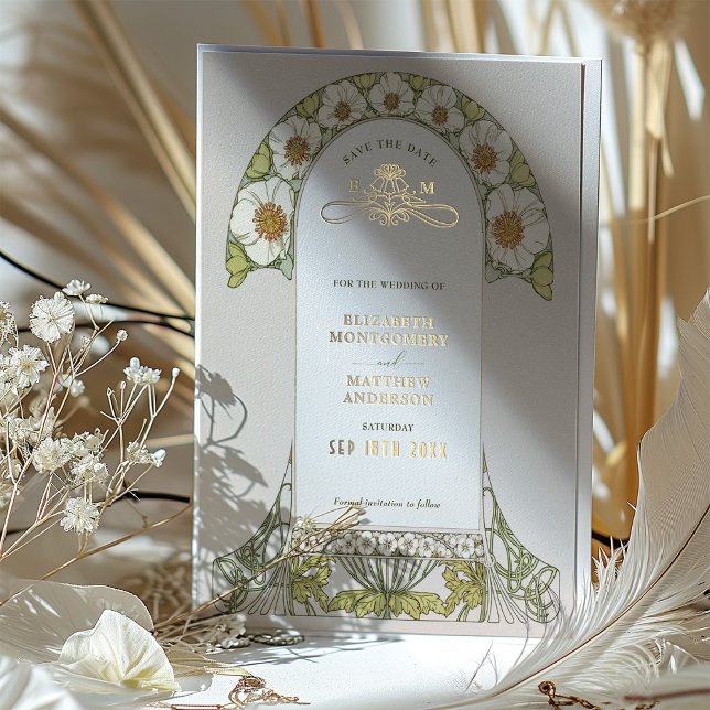 Invitation En Aluminium Art Nouveau Enregistrer la date Mariage Gold Foil (Créateur téléchargé)