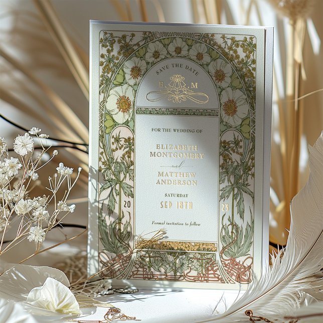 Invitation En Aluminium Art Nouveau Enregistrer la date Mariage Gold Foil (Créateur téléchargé)