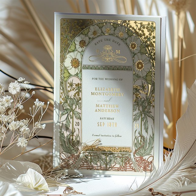 Invitation En Aluminium Art Nouveau Enregistrer la date Mariage Gold Foil (Créateur téléchargé)