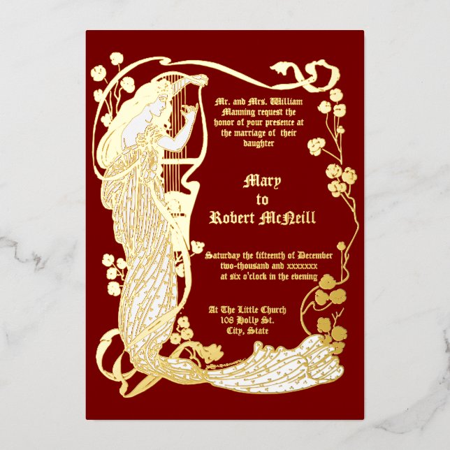 Invitation En Aluminium Art Nouveau Femme & Harpe en Mariage (Recto)