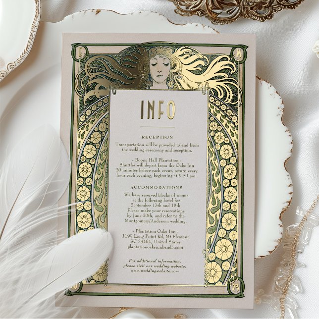 Invitation En Aluminium Art Nouveau Mariage Info Détails Gold Green Mucha (Créateur téléchargé)
