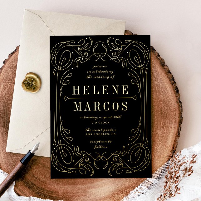 Invitation En Aluminium Art Nouveau Mariage Linework Black Gold (Créateur téléchargé)